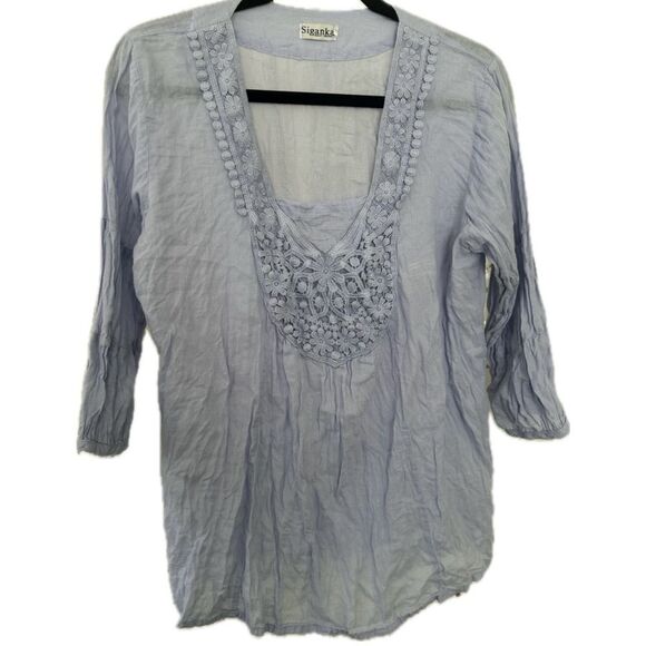 Siganka Maui Hawaii 100% Cotton Periwinkle Embroidered Eyelet Lace Sheer Tunic S - Picture 1 of 7